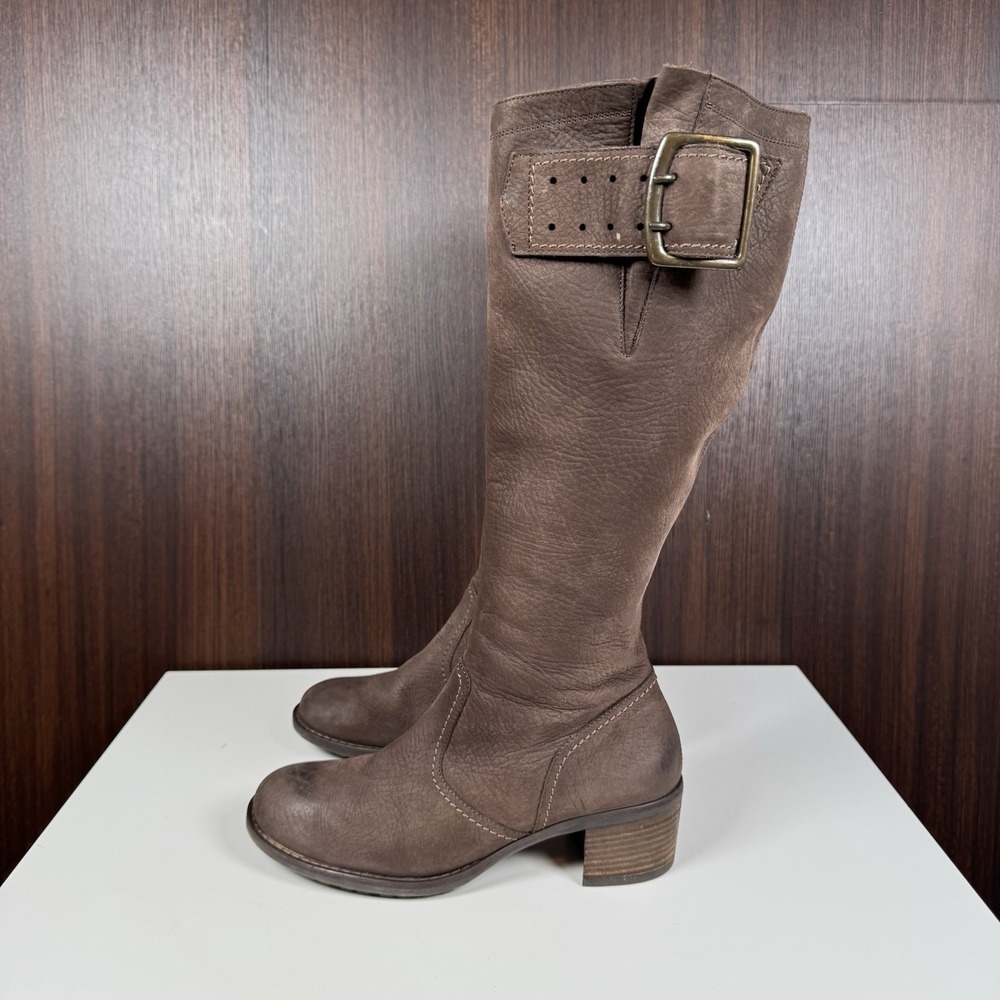 Paul Green Womens Kendra Boots Tall Brown Nubuck Block Heel Buckle Lug US 6.5